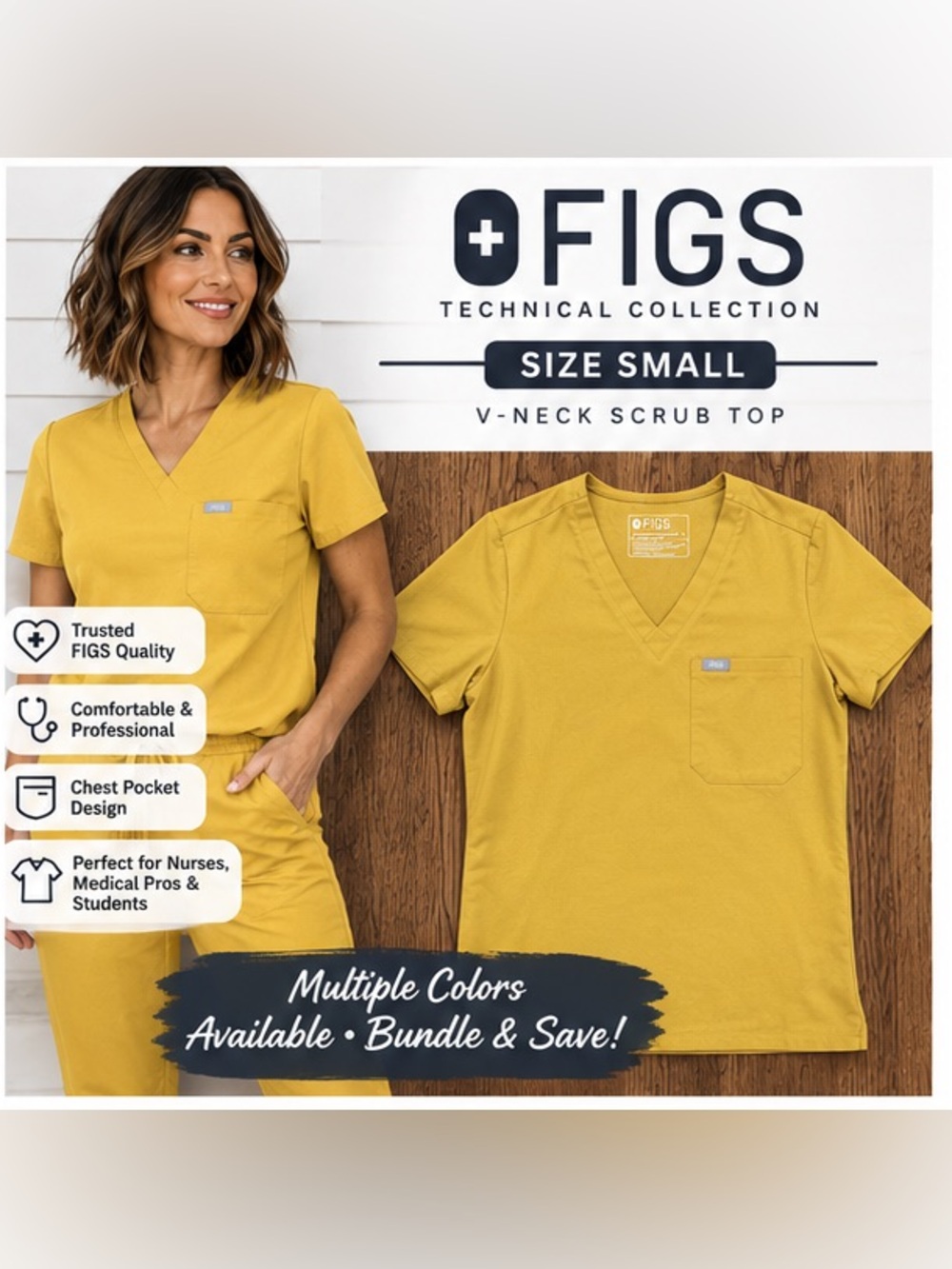 FIGS Womens V-Neck Scrub Top in Mustard Yellow - Size Small
